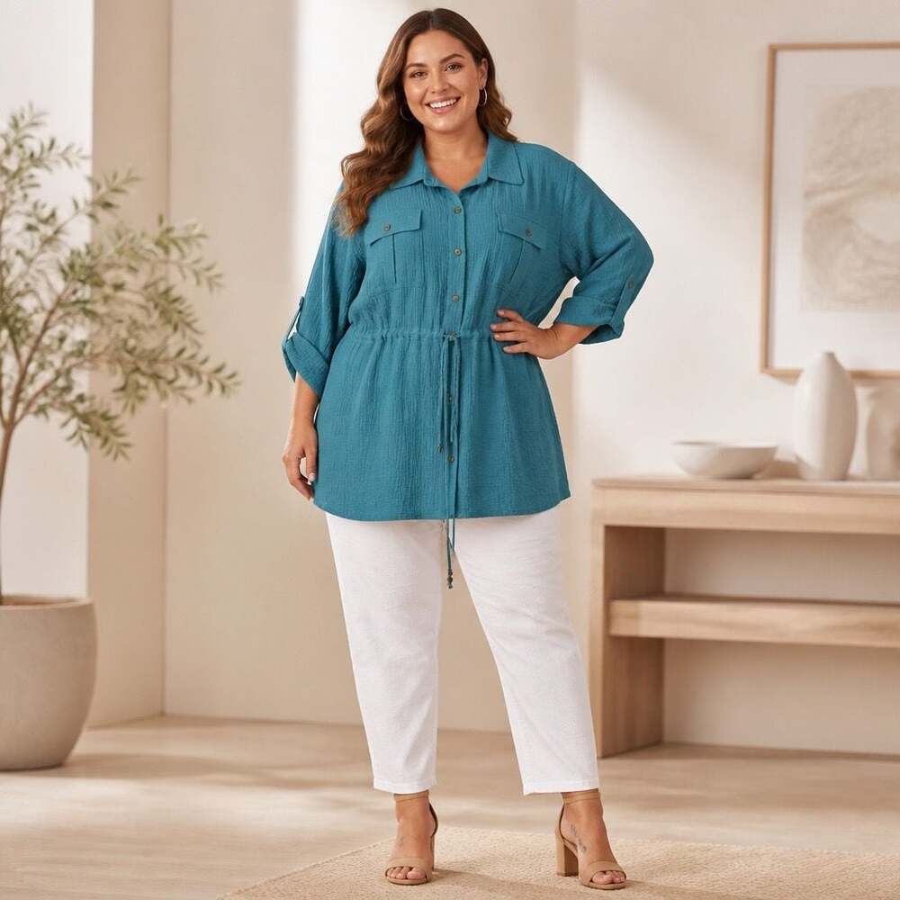 Olivia & Martin Plus 3X Teal Blue Textured Gauze Drawstring Button-Down Shirt